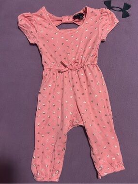 Girls Pink Heart Print Romper with Bow Back